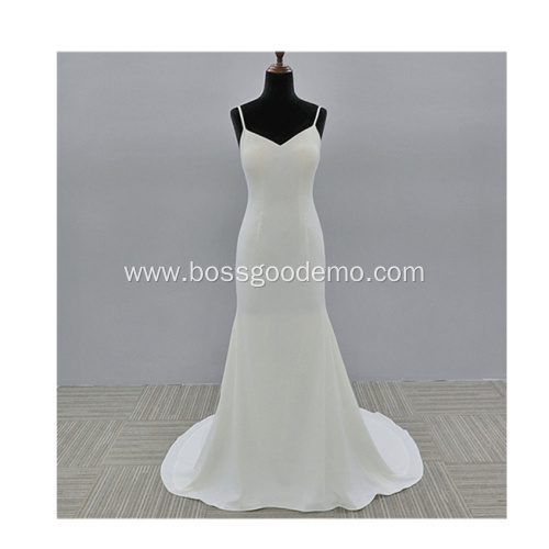 court train high split white lace bride simple spaghetti strap wedding dress with split
